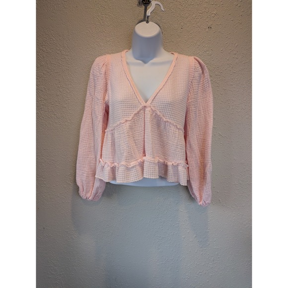 Altar'd State Catarina Babydoll Top XS Pink Blouse Y2K Waffle Textured Cropped - Picture 8 of 9